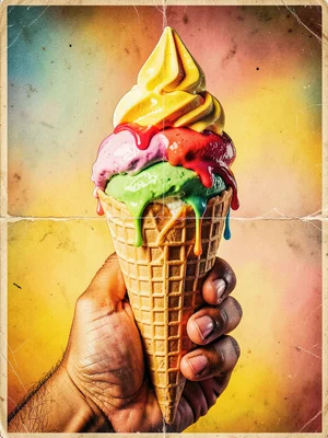 Triple scoop cone dripping in summer heat, colorful flavors, hand holding