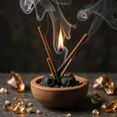 Intimate warm-toned photograph, Frankincense resin burning on charcoal in clay i