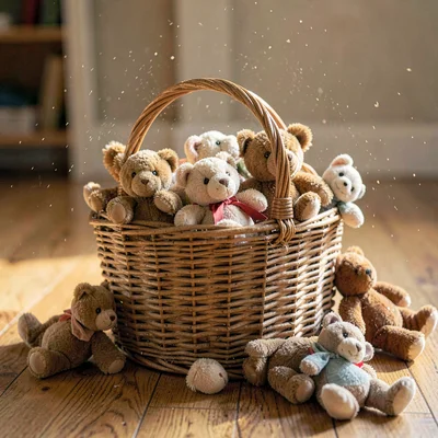 Vertical hero of a wicker basket of stuffed toys spilling onto a wood floor, dus