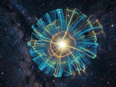 A supernova remnant — filamentary shock-wave shell of expanding gas in narrowban