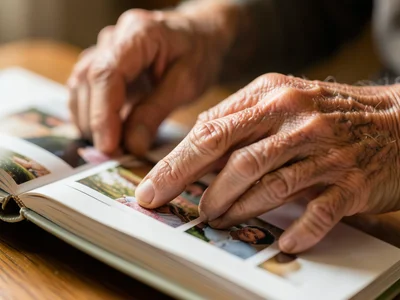 Elderly hands turning the pages of a photo album, the photos visible beneath the