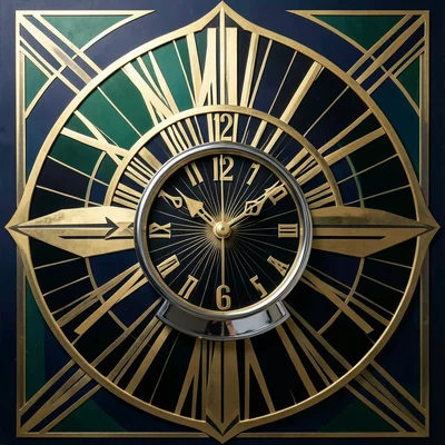 An Art Deco clock face: gold numerals on black, geometric hands, sunburst patter