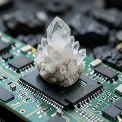 Quartz crystal cluster growing from circuit board, technology meets geology