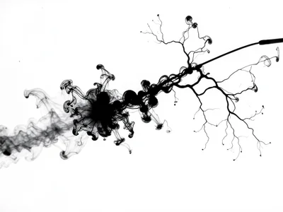 Dense black sumi ink dragged through water by a thin needle, leaving a dark trai