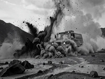 Vehicle driving through ash fall