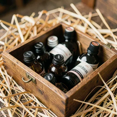 Warm macro of a wooden case of unlabelled bottles nestled in straw