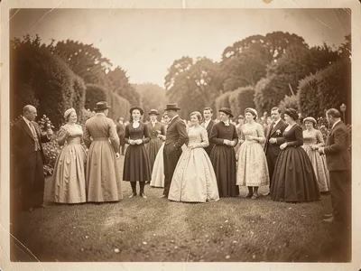 A Victorian-era garden party — figures in formal dress on lawn, soft tonal range
