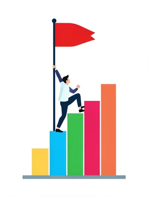 A person climbing a bar chart like stairs, reaching for a flag at the top, each 