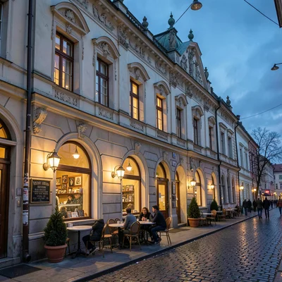 Habsburg café warmth surviving in Lviv, Ukraine, opera house facade at twilight,