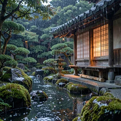 Through the textile eye of Kyoto, woven and dyed, Rain falling on a temple garde