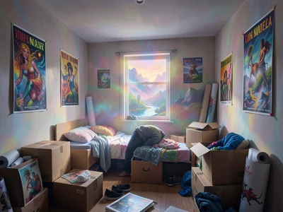Person packing dorm room into boxes, bare walls, posters rolled up