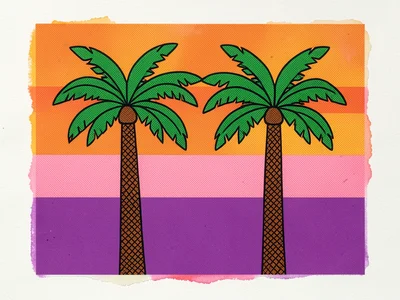 Two palm trees with trunks in brown crosshatch pattern, fronds in two shades of 