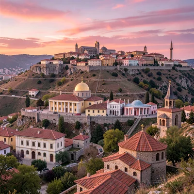 Historical layers visible simultaneously in Plovdiv, Bulgaria, sunset from Nebet