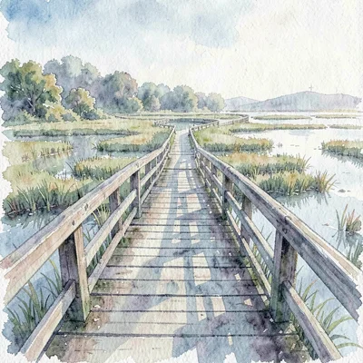 Atmospheric watercolor of a wooden footbridge over tidal flats catching cool mor