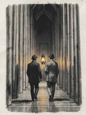 Charcoal study of two figures walking together down a long corridor of vertical