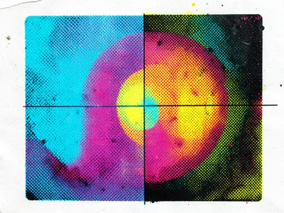 CMYK test target printed with intentional misregistration, registration marks vi