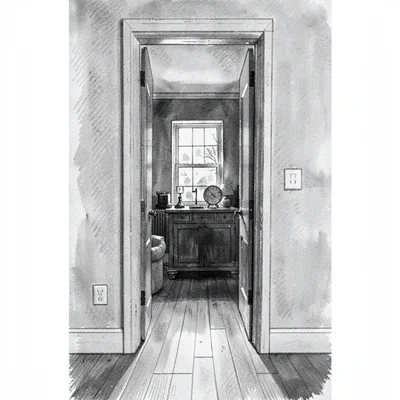 Vertical charcoal scene of a tall doorway leading into a darker game room