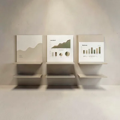 Tiered shelf display of three abstract dashboard mockups stepping back into dept