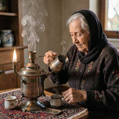 A wistful Iranian grandmother in her eighties pouring tea from a samovar, lamp c