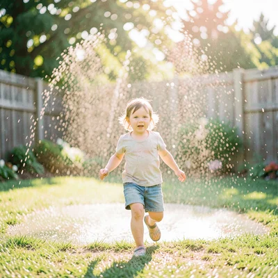 Child running through sprinklers in backyard