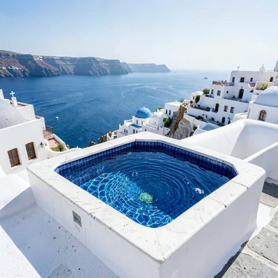 Sidi Bou Said cobalt-white, cliff-top absolute palette, Blue mosaic fountain bas