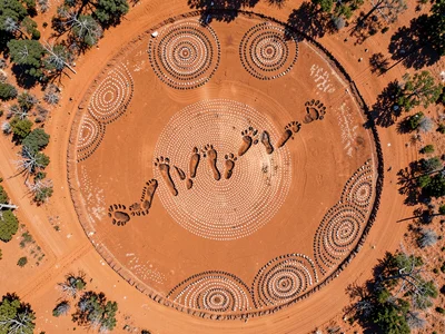 Emu footprints in a zigzag crossing a clay pan, aerial view