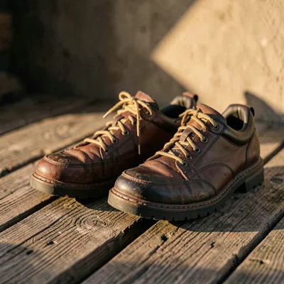Cozy still of climbing shoes paired and resting on weathered pine planks, warm s