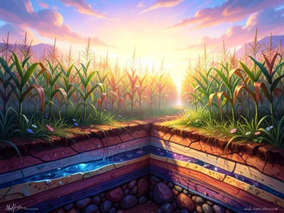 Farmland with crops above, cross-section showing layers of geology below