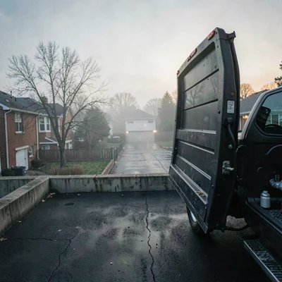Atmospheric crop of a moving truck's open back doors framing a foggy suburban dr
