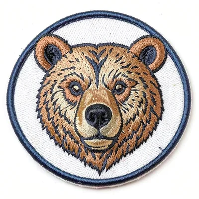 Embroidered patch illustration, Bear head facing forward , merit badge aesthetic
