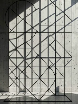 Window grid casting strict shadow lattice on bare concrete wall, afternoon light