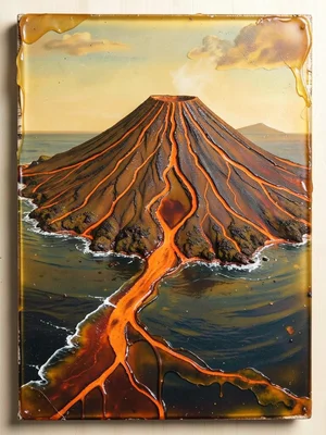 A volcanic island with lava flow channels running from the summit crater to the 