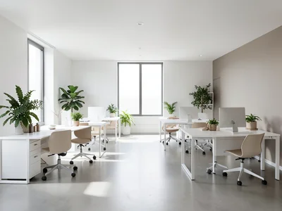 Modern open plan office with clean white desks, green plants, and natural light 