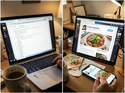 Split screen showing work document on one side, recipe blog on other