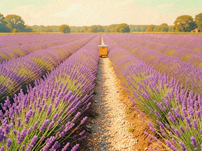 A lavender field in rows with a beehive at the end of one row and a gravel path 