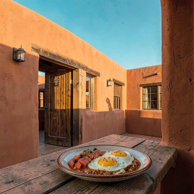 Santa Fe adobe warmth, high desert light clarity, Breakfast of huevos rancheros 
