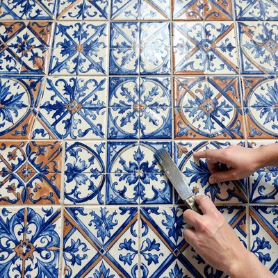 Azulejo tile geometry, Portuguese ceramic culture, Hands painting delicate patte