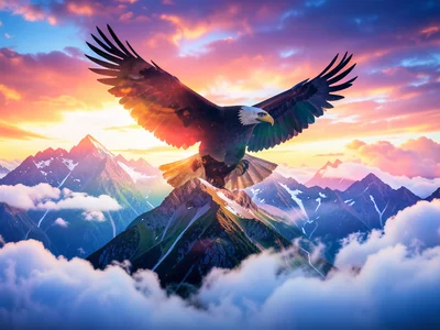 Eagle in flight silhouette merged with mountain range and clouds, double exposur