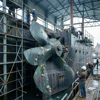 Port city documentary photograph, A ship propeller in dry dock, the bronze enorm