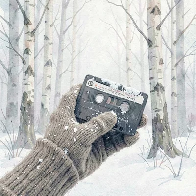 A hand in a wool mitten holding a snow-dusted cassette tape against a foggy birc