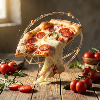 Pizza slice floating and spinning, cheese stretching in spiral, pepperoni orbiti