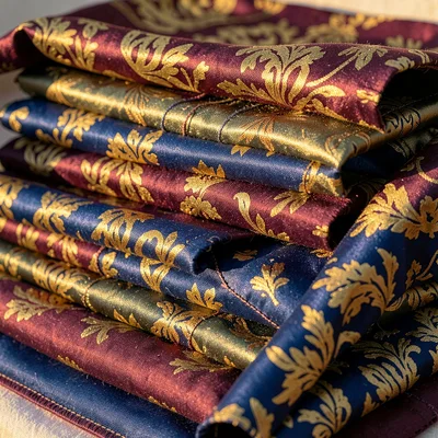 Saturated textile-rich photograph, Bolts of bazin fabric with damask sheen stack