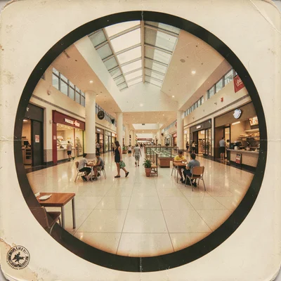 An empty shopping mall food court in View-Master tourism aesthetic