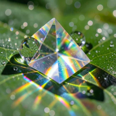 Light refracting through water droplet on green leaf, spectral colors spreading