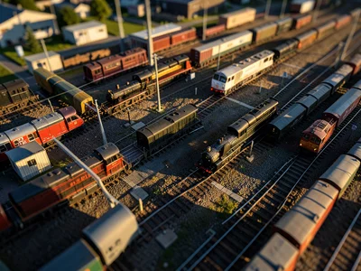 Train yard from above, locomotives as model trains, tilt-shift miniaturization