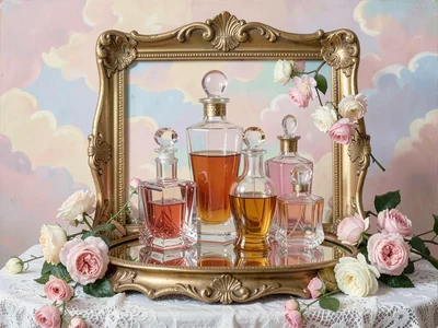 Collection of glass perfume bottles in graduated pinks and ambers, arranged by h