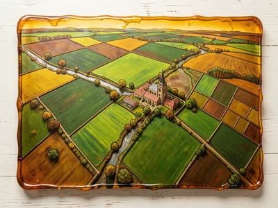 An aerial view of patchwork farmland in spring — emerald green fields, a river w