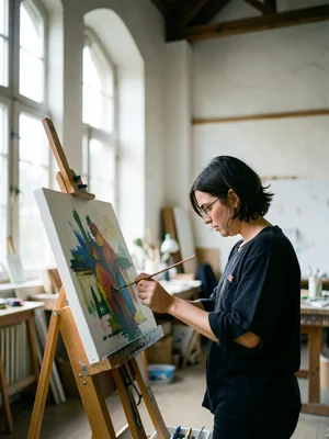 Art student painting at an easel in a studio with high ceilings and north-facing