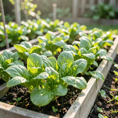 Living-botanical hero of a fresh row of leafy greens in a raised bed, dewy morni