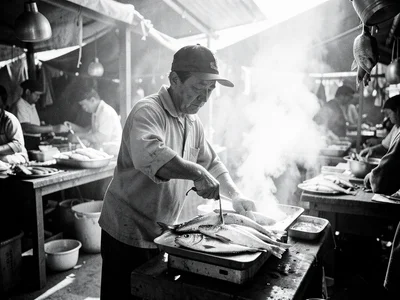 A market vendor weighing fish on an old scale, steam from nearby stall, morning 
